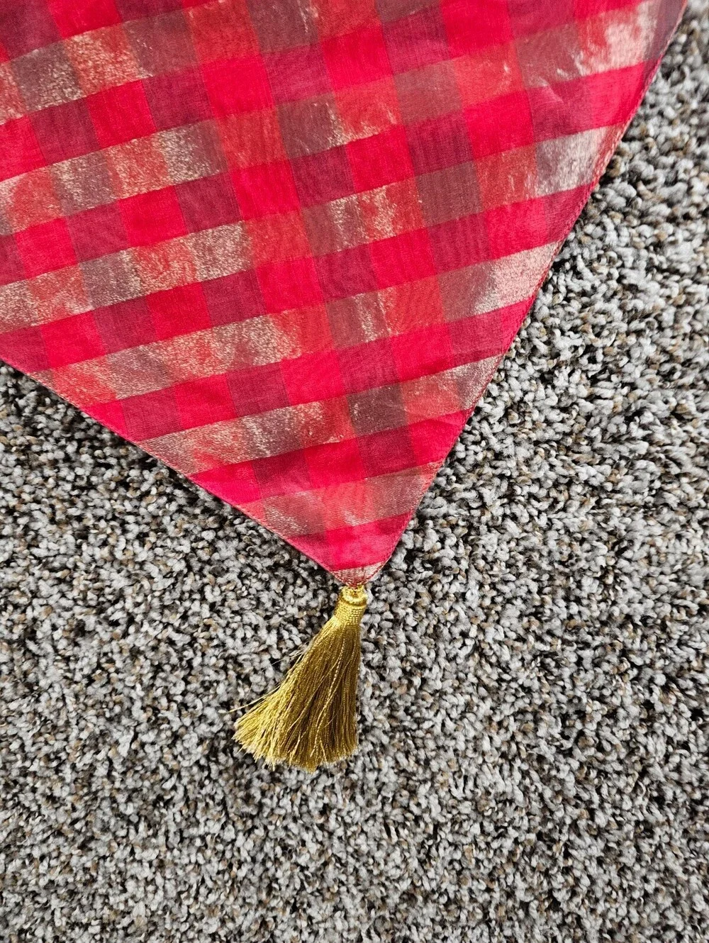 Vintage Red and Gold Holiday Table Runner Tassel End Christmas Plaid